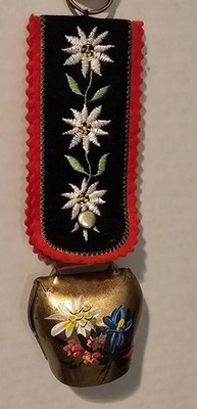 Alpine Folk Art Cow Bell Alpine Flowers, Edelweiss, Gentian Gold Tone Black